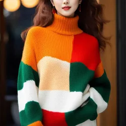 Women Splicing Turtleneck Sweaters Autumn Winter Vintage Loose Warm Knitwear Tops Fashion Casual Comfortable Soft Wool Pullovers