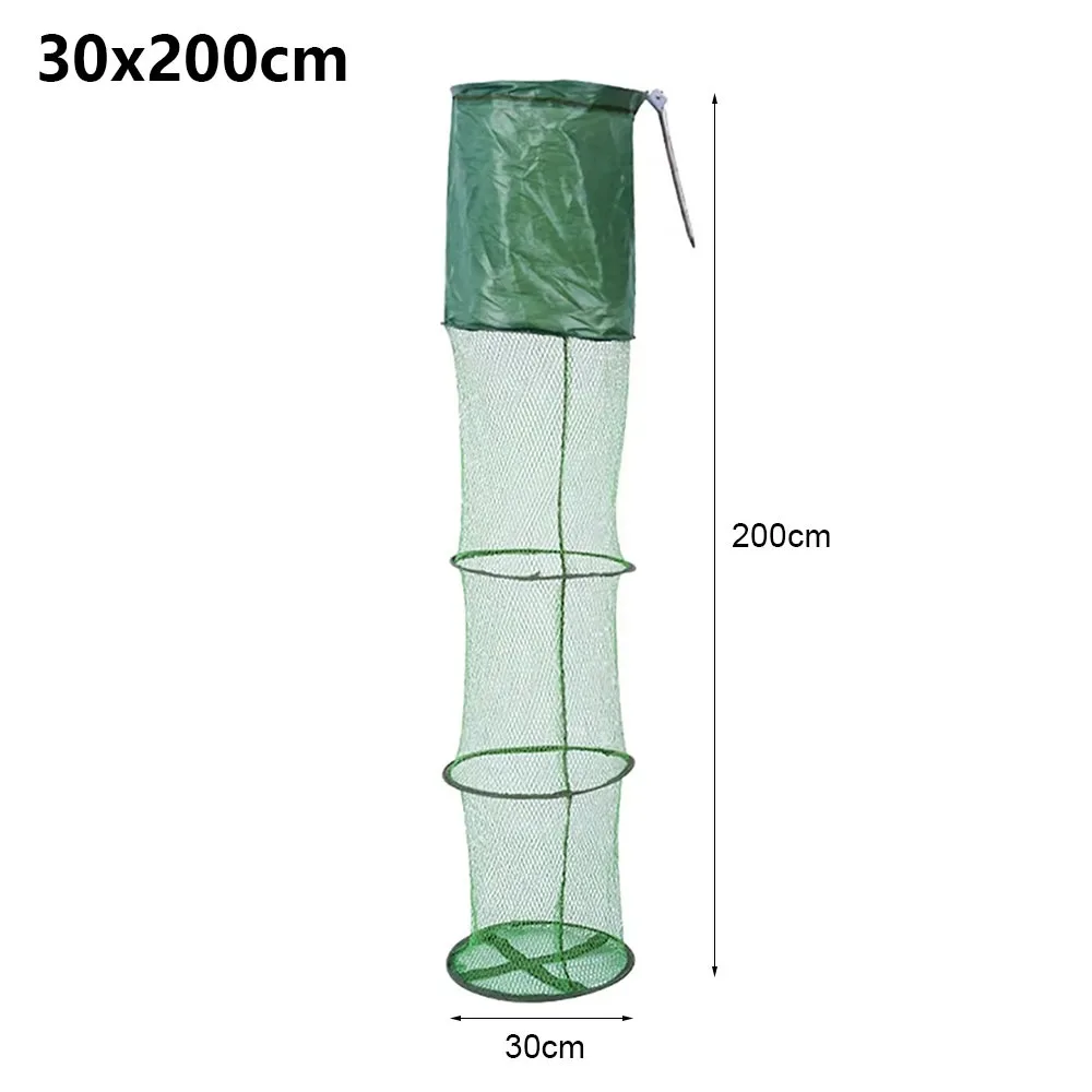1Pcs 30x200cm Fish Cage Steel SUS Ring Nylon Mesh Fish Basket Quick Drying Waterproof Gluing Coating Live Fish Trap Net