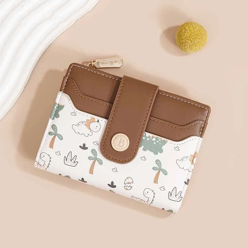 

2025 Cute Cartoon Dinosaur Print Girls Wallet Short Student ID Bank Card Holder Money Bag Zipper Wallets Women Purse Coin Purse