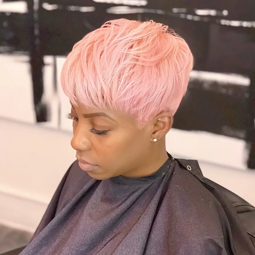 ピクシーカットウィッグ人毛ショートピンクエルフヘアカットウィッグ前髪付きレイヤードウィッグウェーブウィッグ女性用フルマシンメイドウィッグ