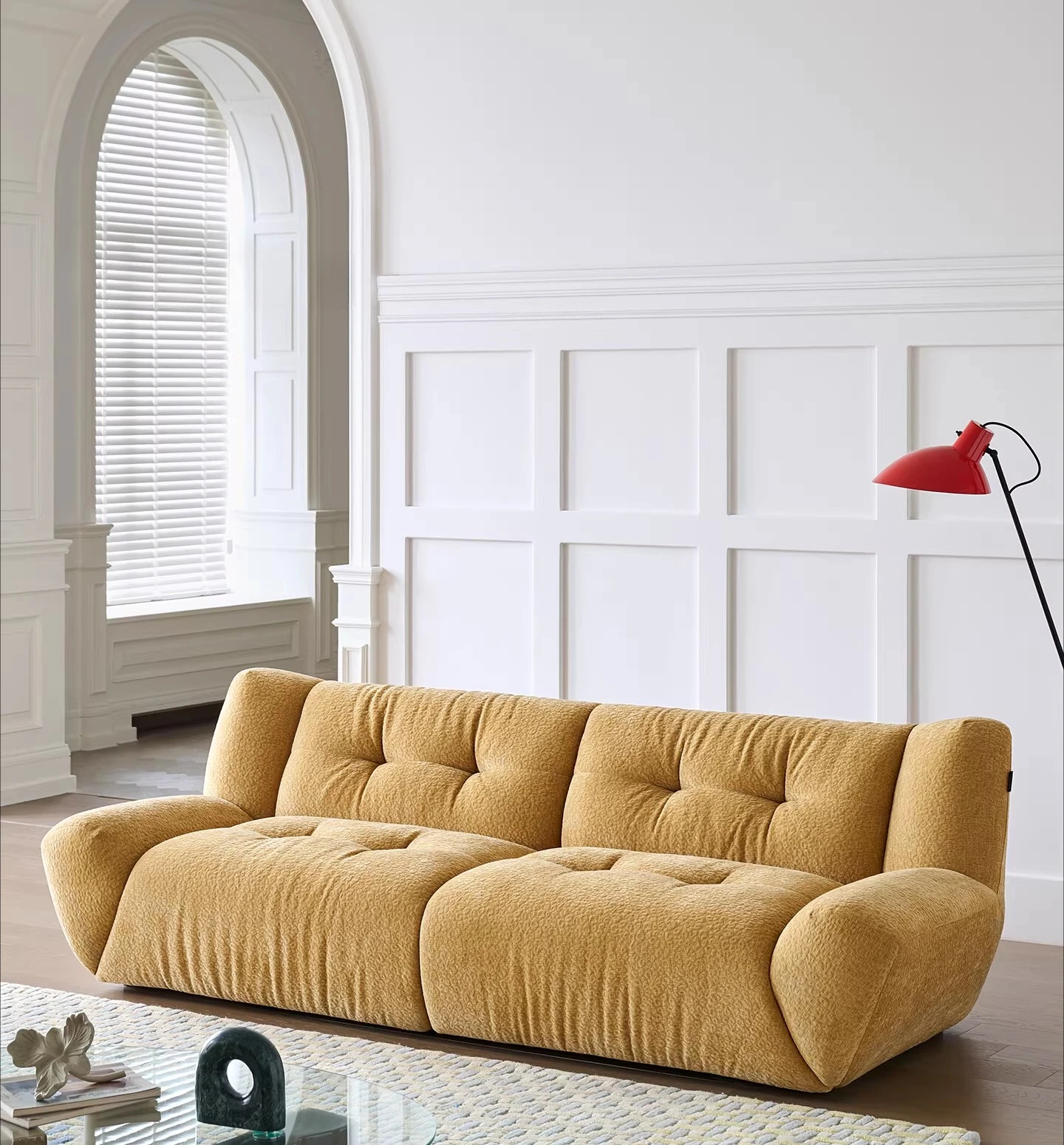 

Sofa Designer Villa Living Room Retro Yellow Light French Cream Style Fabric Sofa