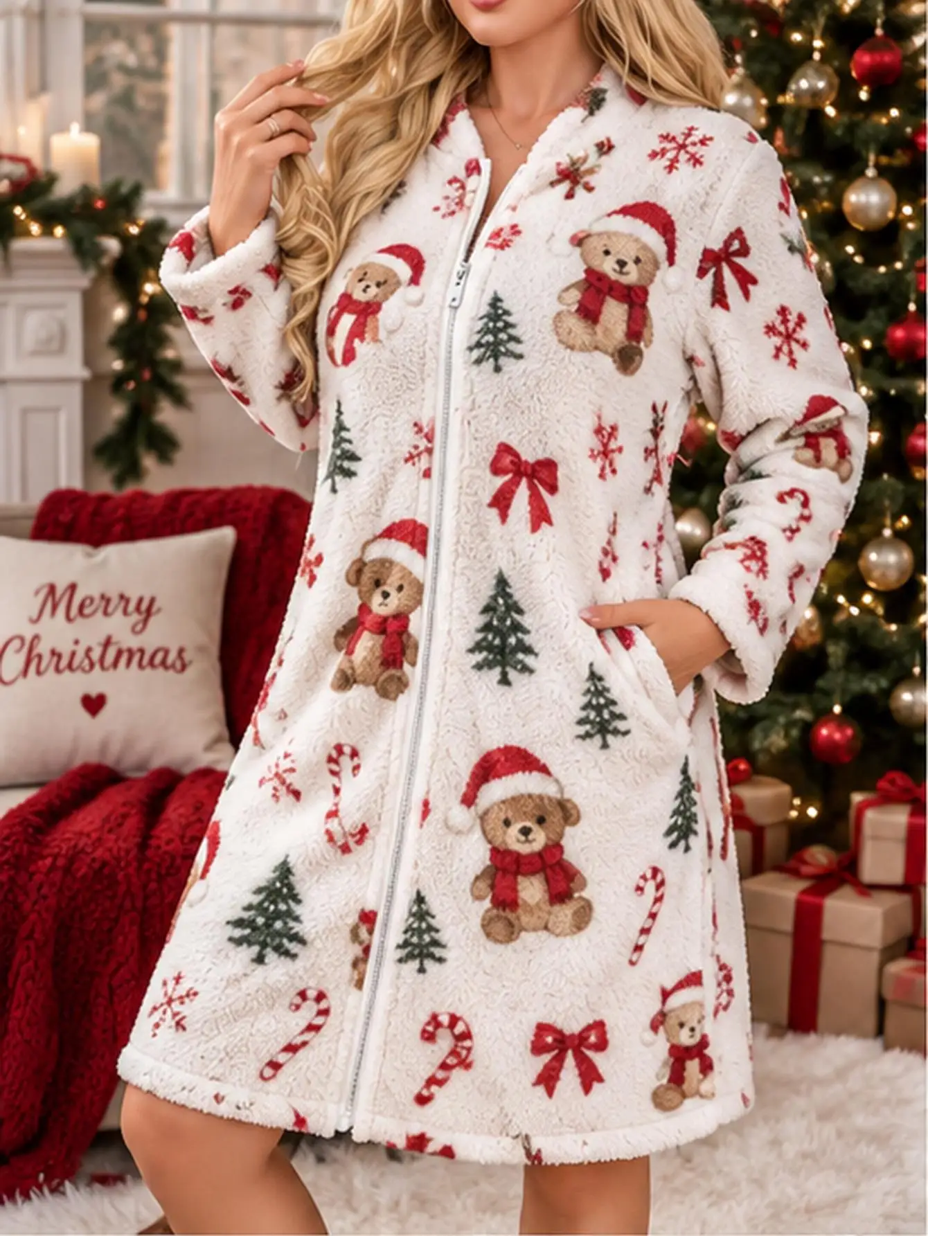 Plus size Women's Winter Flannel Robe Christmas Teddy Bear Print Fleece Nightgown for Women with Pockets Nightgown Sleep Dress