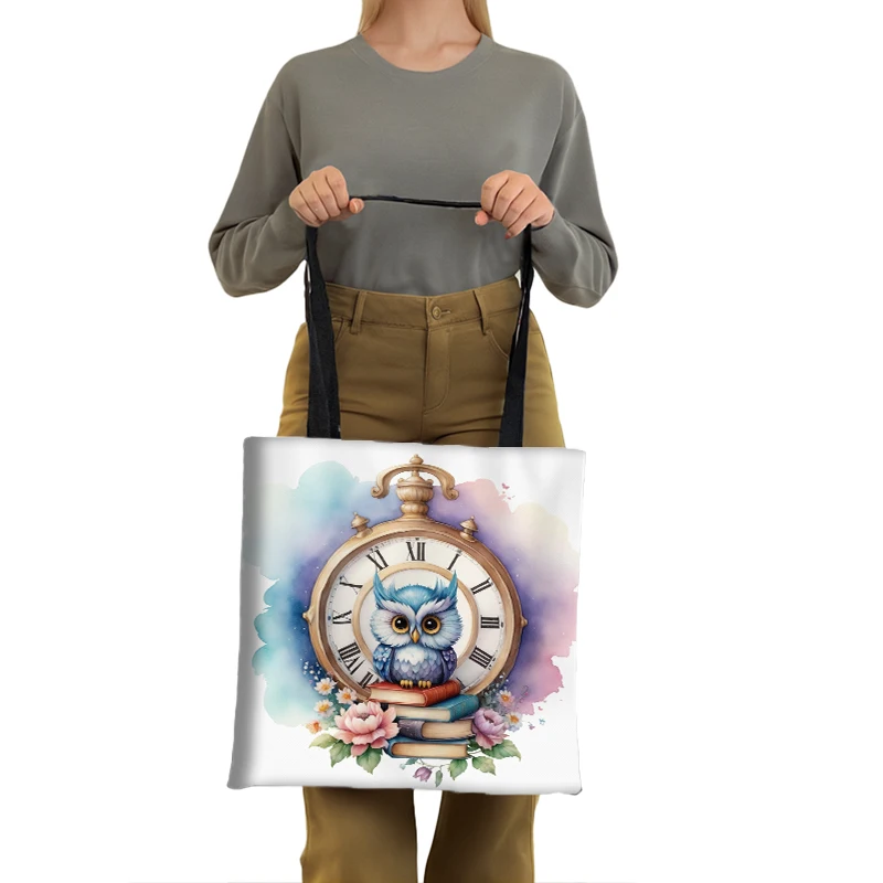 Cute Owl Standing on The Books Print Shopping Bag Cartoon Owl and Clock Women Totes Handbag Large Capacity Shoulder Bag BookBag