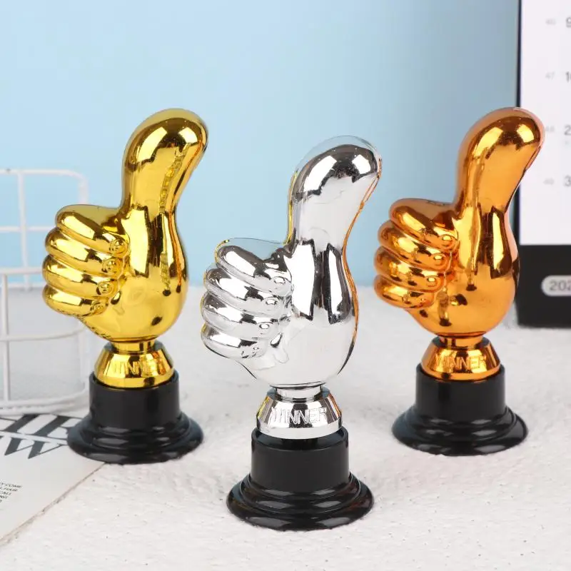 1 Piece Mini Victory Trophies Award Prizes Thumbs Up Trophy Plastic Gold Trophies Encouragement For Home Desktop Decor
