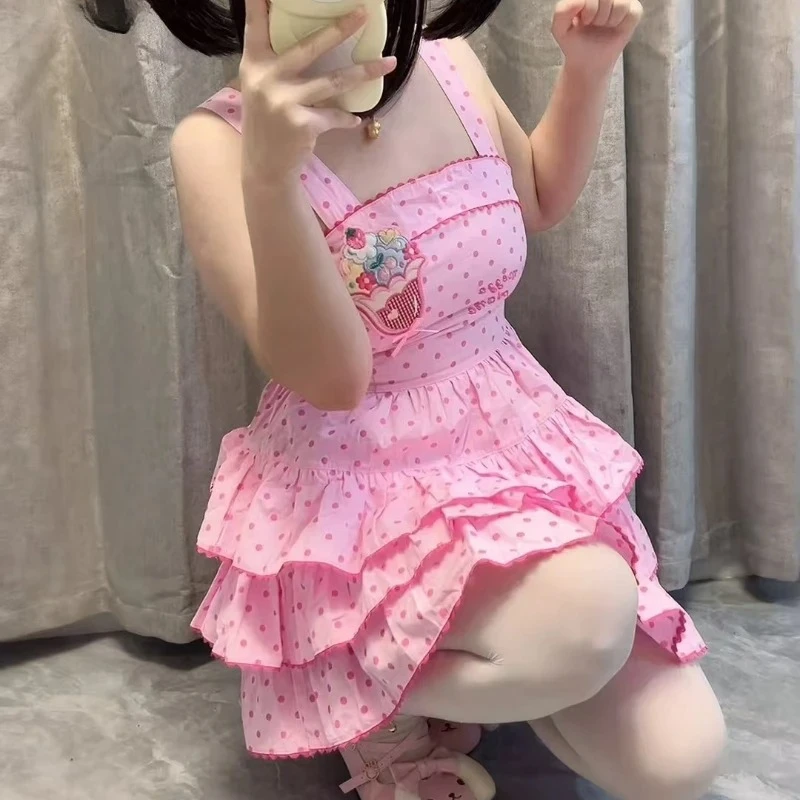 2025 giapponese Kawaii Lolita stile cinturino vestito da donna dolce gelato ricamo a pois stampa torta abiti Y2k partito mini abito