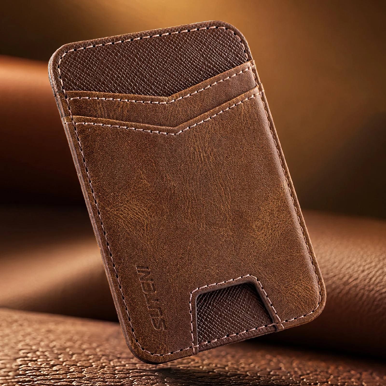 SUTENI Mobile Phone Magnet Pocket Lightweight Card Holder Storage Push Card Hole RFID Anti-skimming Faux Leather Bag Wallet view 3