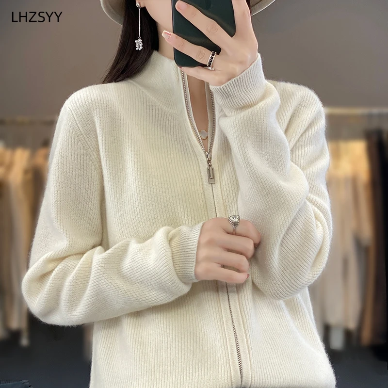 LHZSYY Autumn Winter New 100%Pure Wool Zipper Cardigan Ladies Stand Collar Knit Jacket Loose Top Warm Cashmere Sweater WomenCoat