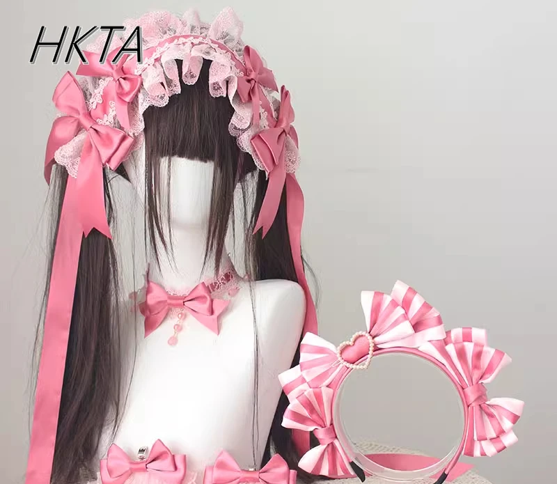 

Japanese Lolita Pink Bow Lace Headband Hair Accessories Womens Love KC Headband Pearl Neck Chain Headwear Hair Clips for Girls