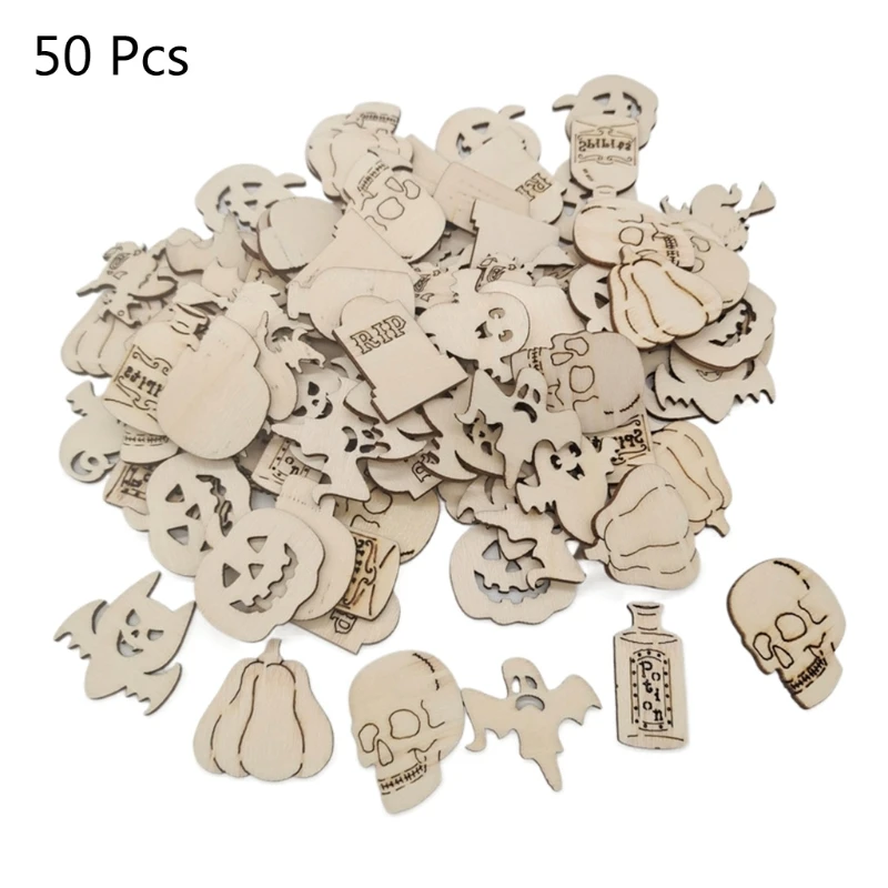 50 Pcs Halloween Unfinished Wooden Slices DIY Handcraft Cutouts Embellishments Decorations for Festival Party Ornament