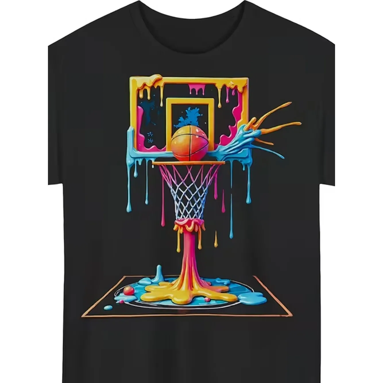 Mens Basketball Court T Shirt Loose Fit Streetwear Short Sleeve Shirt With Drip Ink Yellow Suitable For All Casual Wear Round Neck Tee For Everyday Outfits Machine Washable