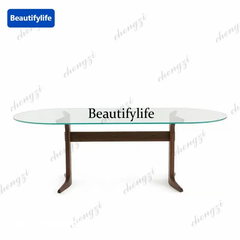 Italian minimalist tempered glass oval dining table creative North American black walnut table