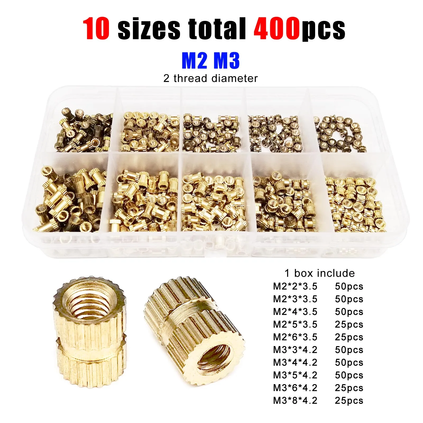 375/400pcs Mix 10 Size M2 M2.5 M3 M4 Solid Brass Copper Injection Molding Knurl Insert Nut Embedded Nutsert Assortment Kit Set