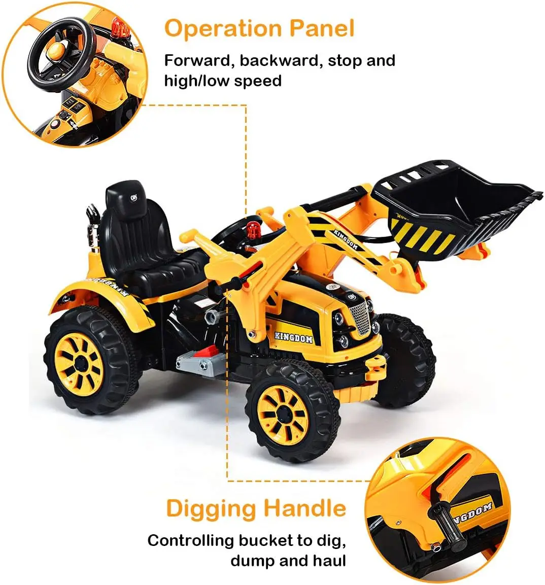 Ride on Excavator, 12V Battery Powered Construction Vehicles for Kids with Front Loader, Horn, Safety Belt, Treaded Whee