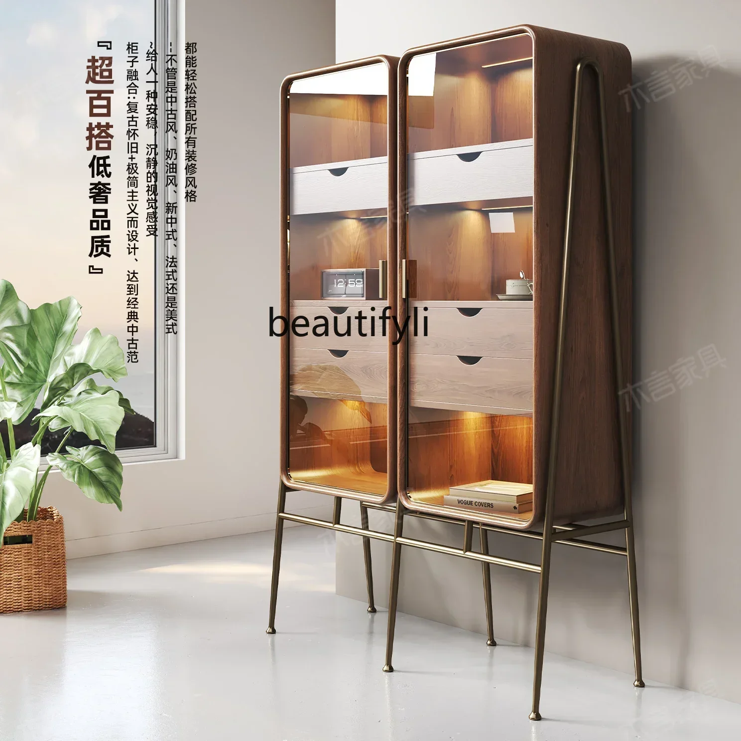 Y183Retro living room wall glass wine cabinet household display cabinet light luxury bookcase high-end restaurant solid woodQ