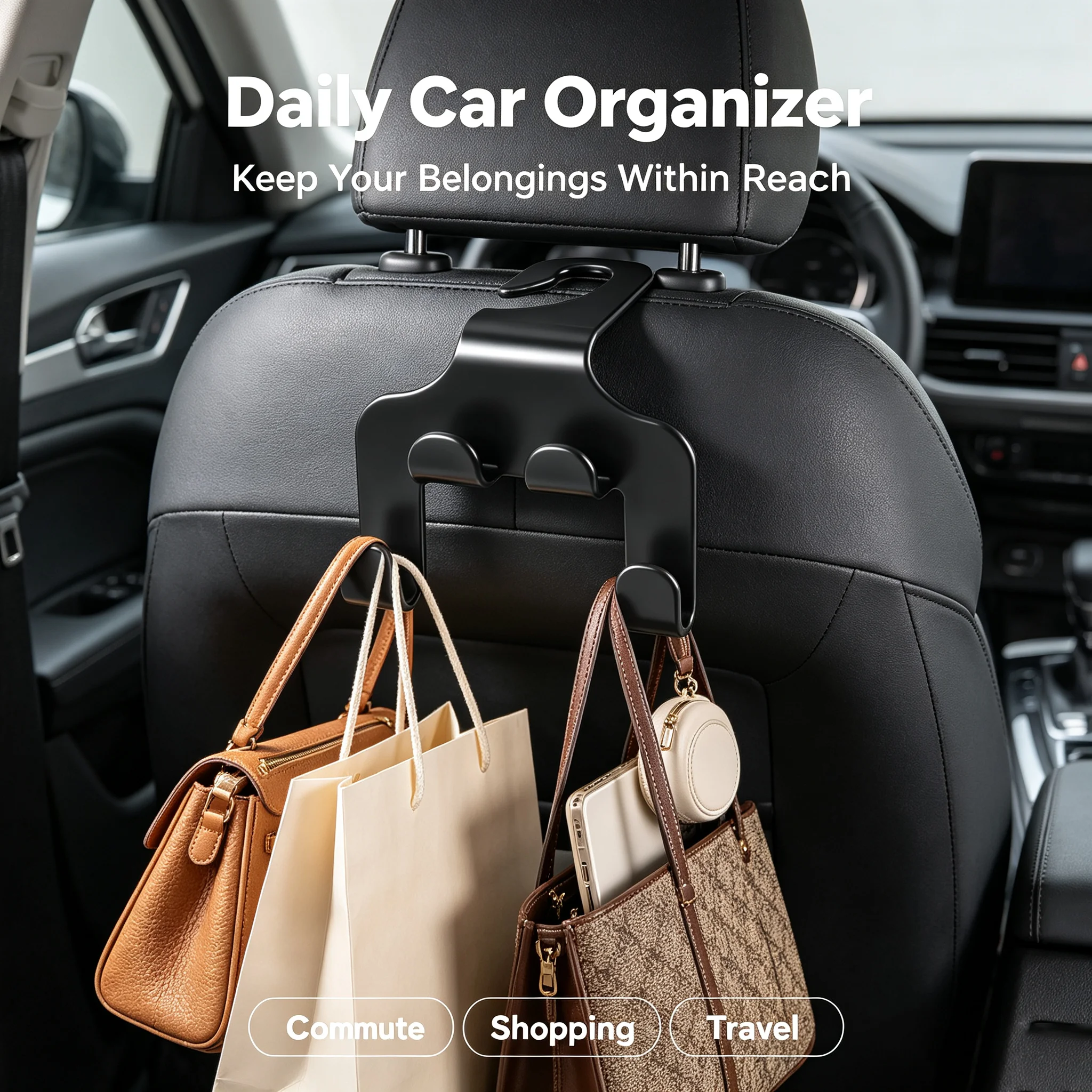 Car Seat Back Hook Integrated Plastic for Commute Travel Hang Handbags Shopping Bags Save Space