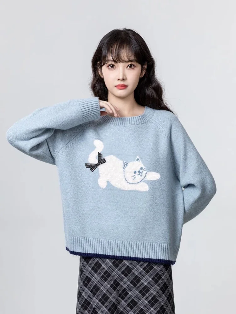 Cartoon Cat Print Kawaii Sweaters Women Sweet Bow Long Sleeve Cute Knitted Jumper Vintage Japan O Neck Casual Loose Pullovers