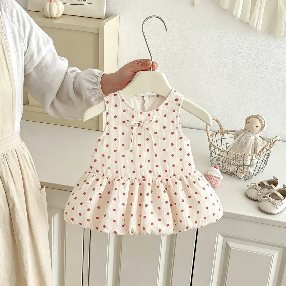 Baby Girls' Dress Summer Wave Point Bow Sleeveless Girls' Dress Lovely Beach Princess Children's Dress Baby Girl Clothing ﻿