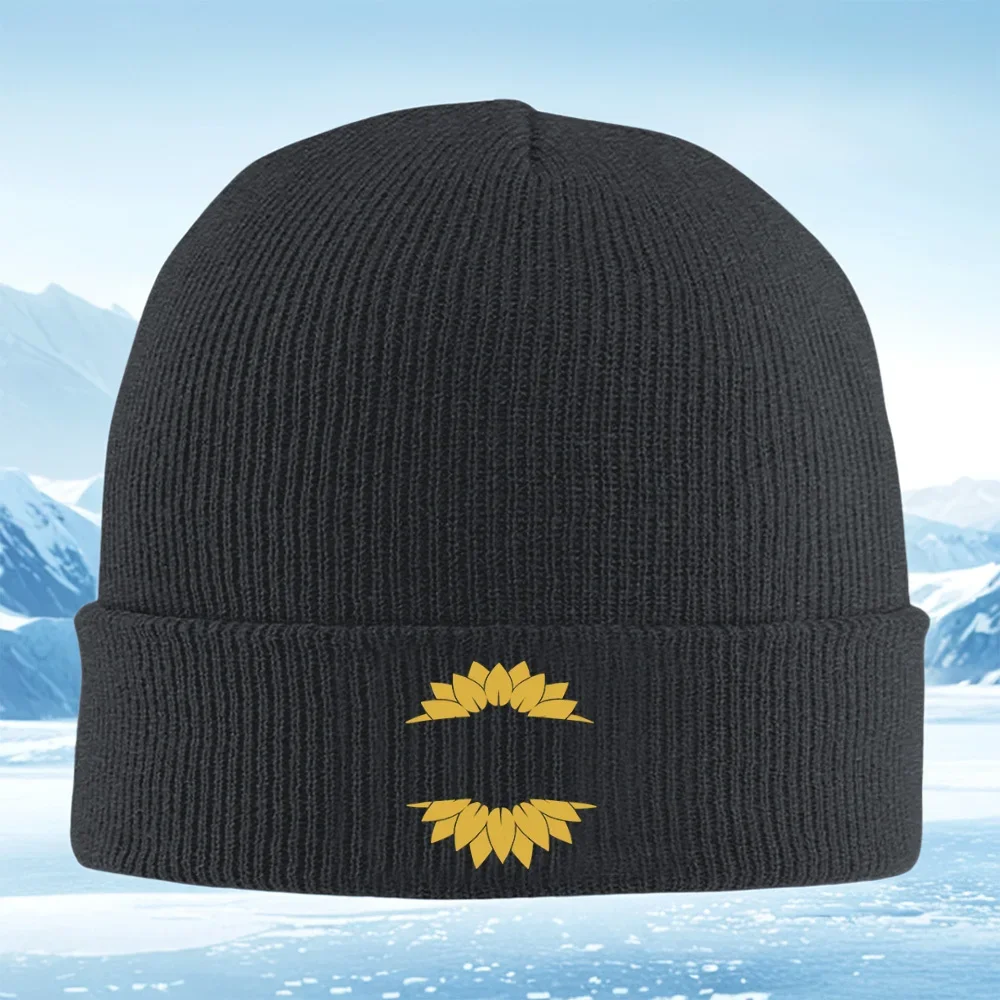 2026 Floral frame golden petals black Men Women Unisex Knitted Hat Beanie Pullover Cap Winter Thermal Warm Christmas Outdoor Cyc