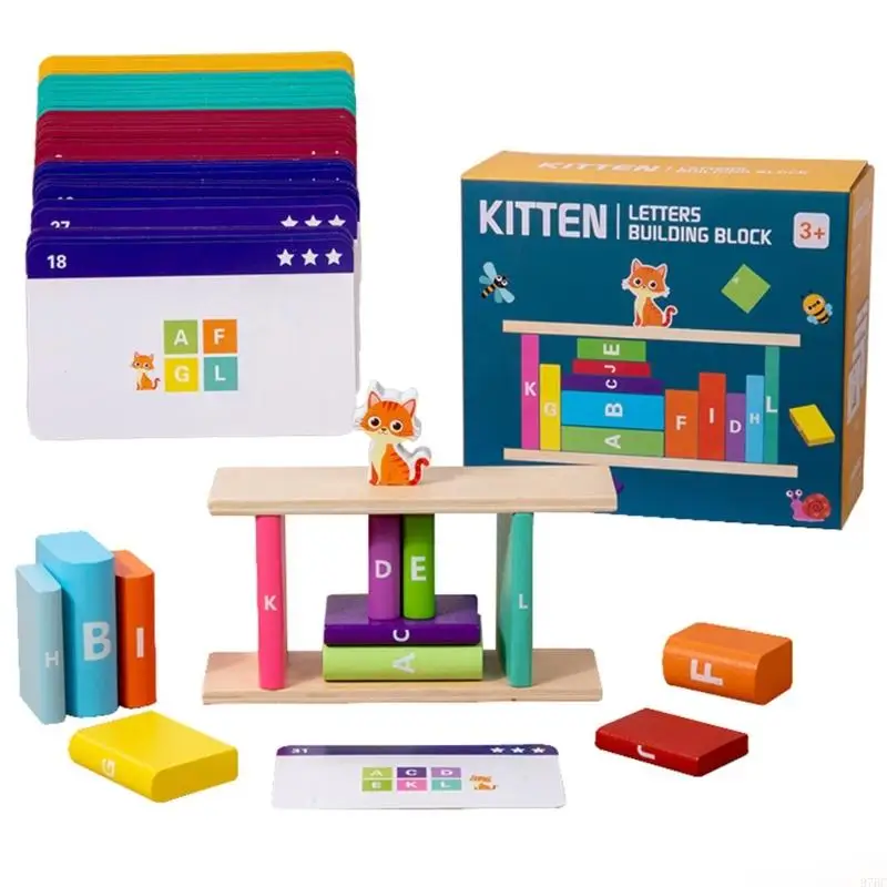 

97BC Kids Wooden Stacking Toy With English Letters And Kitten Patterns