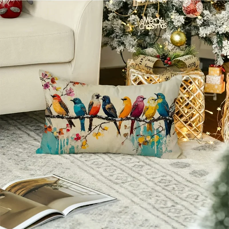 1pc Oil Painting Style Birds on Branch Themed Printed Lumbar Pillow Cover, Suitable for Sofa, Bedroom, Living Room, Balcony,