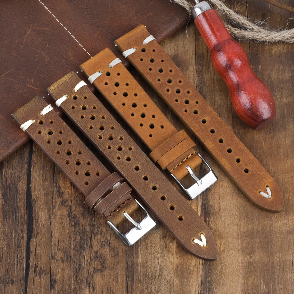 Retro Crazy Horse Leather Strap 17mm 18mm 19mm 21mm 22mm Cowhide Hand Stitching Watchband Porous Breathable Bracelet Accessories