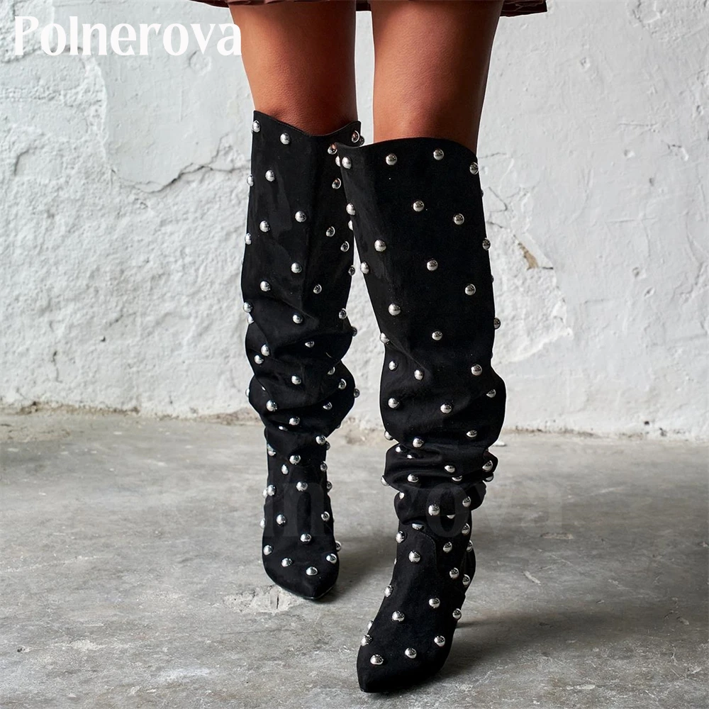 Silver Metal Beaded Knee Boots Black Suede Pointed Toe Boots Sexy Stiletto Fashion Boots for Women Punk Style Metal Rivet Boots