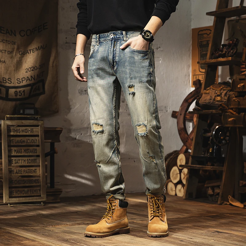 2024 New distressed vintage jeans for men with distressed patches washed youth straight leg personalized beggar pants