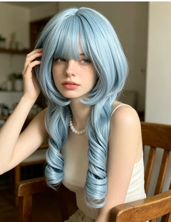 Light Blue Curly Braid Synthetic Wig With Polka Dot Bow Lolita Kawaii Women Anime Cosplay Sweet Harajuku Party Costume Hairpiece