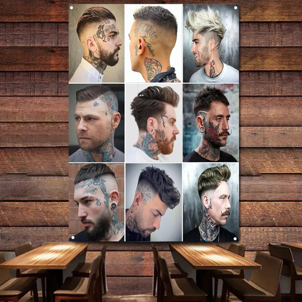 Best Men's Tattoo Hairstyles Vintage Barber Shop Signboard Mural Wall Decor Banner Flag Haircut & Shave Salon Poster Tapestry