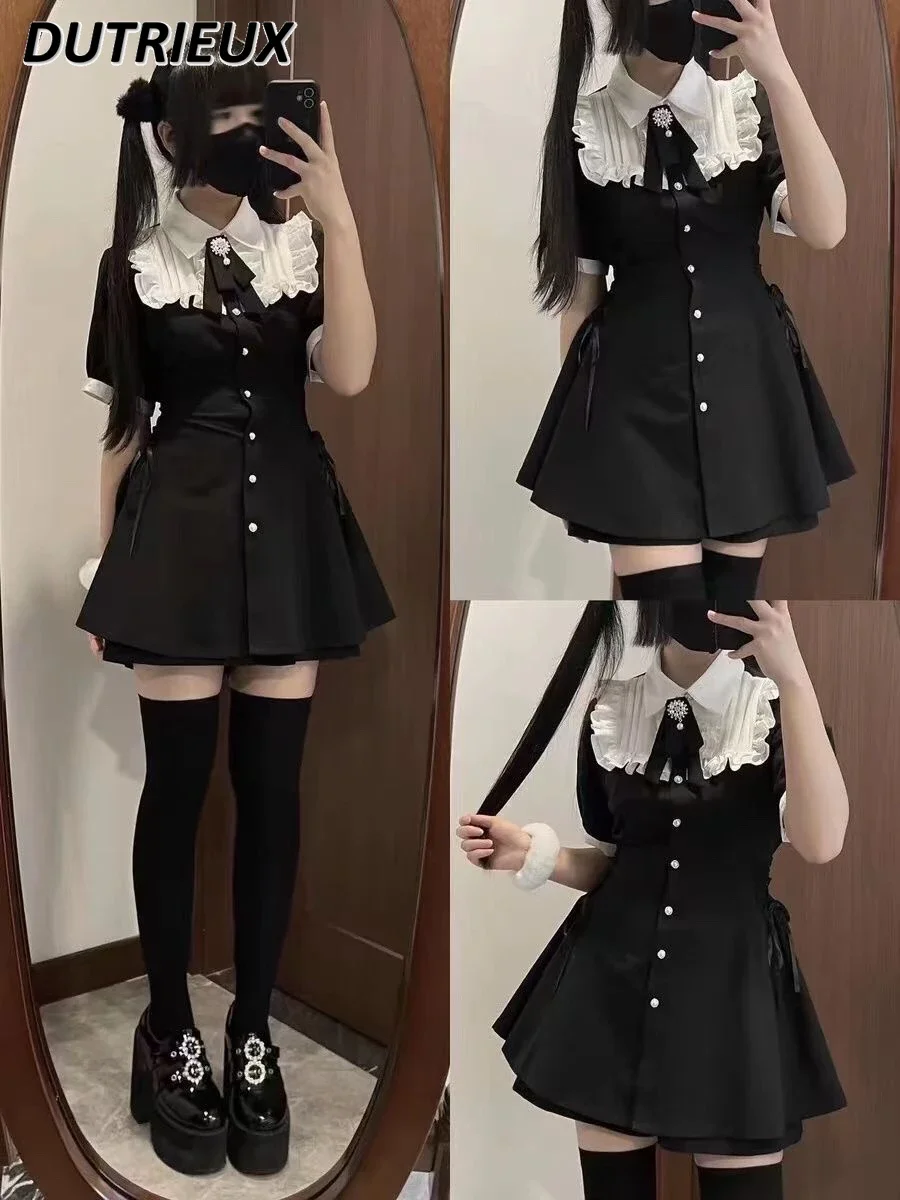 Halloween Harajuku Wind Mine Girl Fungus Edge Strap Waist Dress + Anti-light Shorts Sweet Black Two Piece Sets Womens Outifits