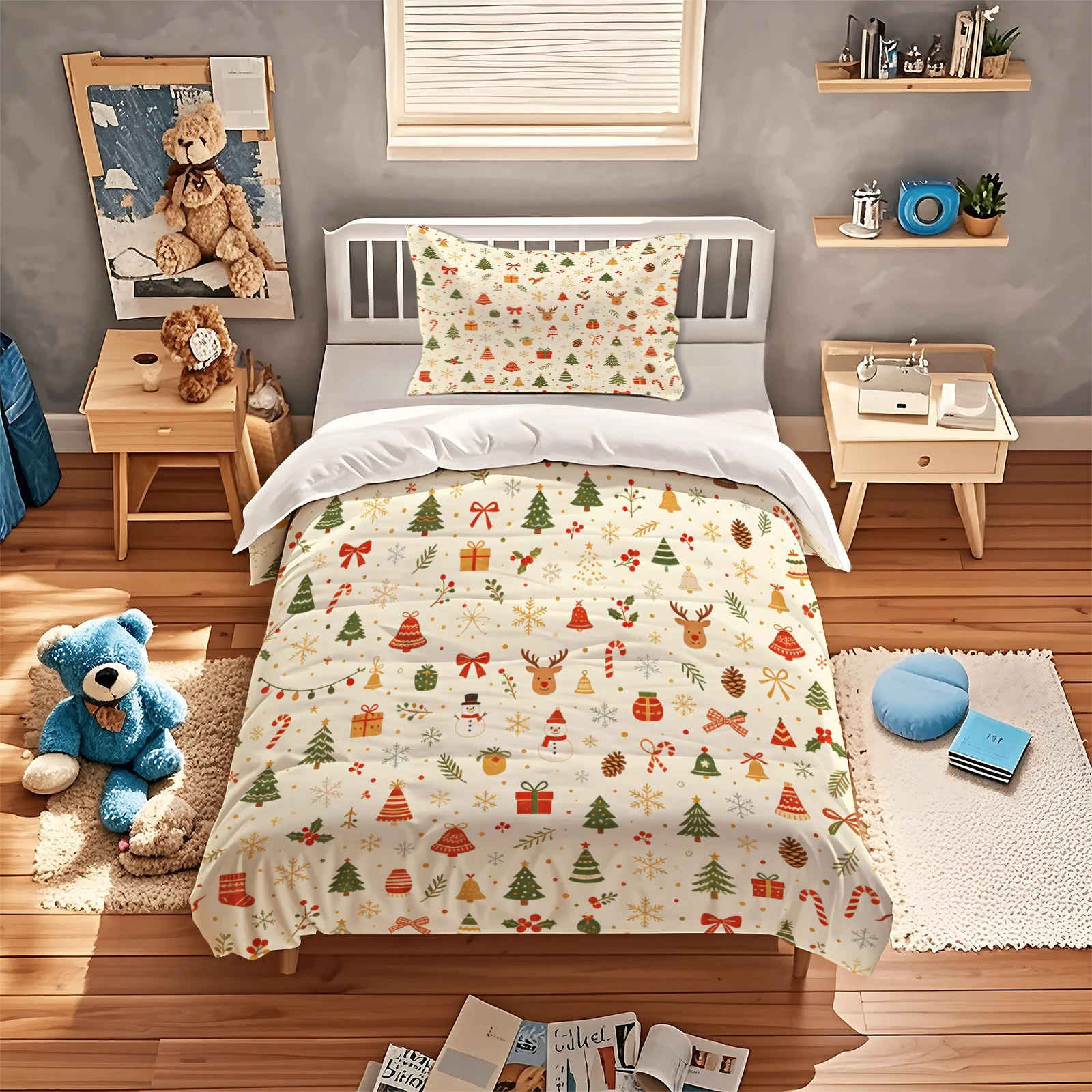 Festive Xmas Duvet Cover Set Christmas Tree Snowman Reindeer Gift Bell Print Quilt Cover Soft Seasonal Bedding with Pillowcases
