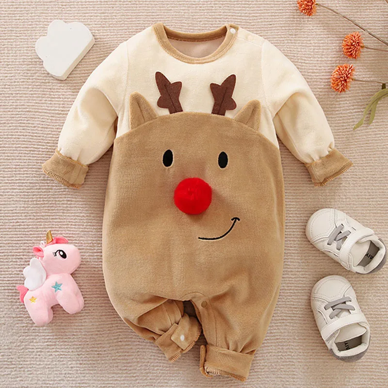 Romper bayi laki-laki perempuan, kostum Natal lengan panjang katun cetak 0-24 bulan, Jumpsuit bayi baru lahir laki-laki dan perempuan satu potong