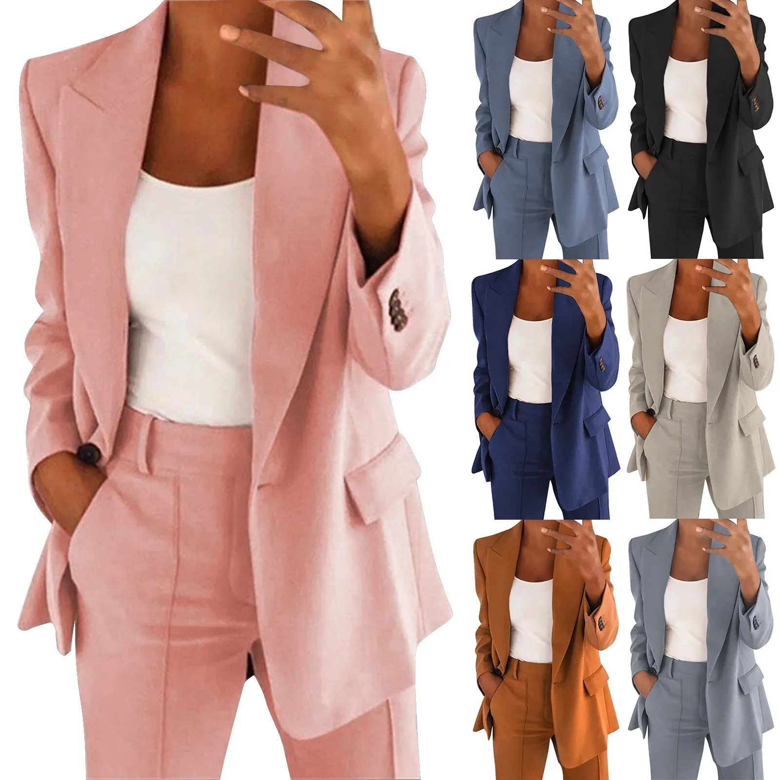 Elegant Solid Color Blazer Women Long Sleeve Suit Simple Casual Pocket Fashion Temperament Female Office Pants 2 Piece Sets