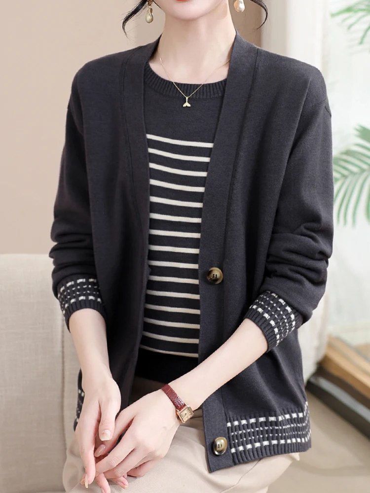 Stripe Print Two Pieces Sets Women Spring Autumn Mother Sweater Pull Femm Sweaters + Cardigans Suit Sweater For Women