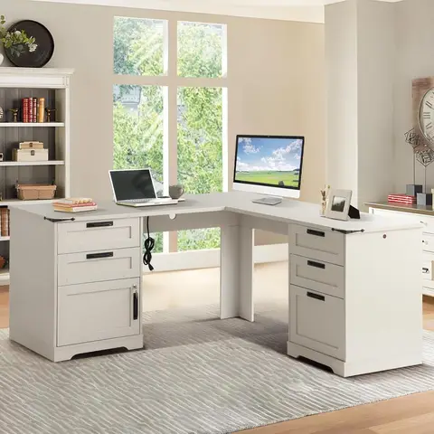 60" L Shaped Executive Desk with Drawers, Farmhouse Home Office Desk with Charging Station, Wood Computer Corner Desk with File