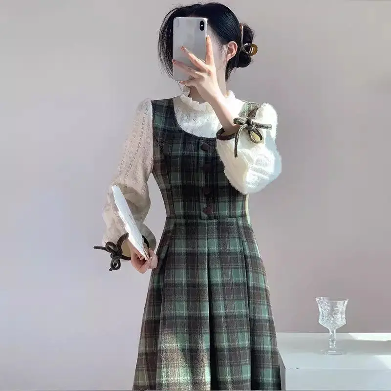 Newest 2024 Spring Literature Art Retro Preppy Style Fake Two Piece Dress Long Sleeve Waist Wrap Checkered Panel Dress Z4798