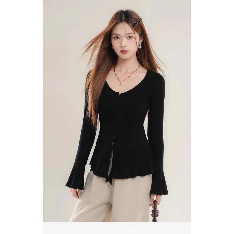 เสื้อแขนยาวลำลองทรงเข้ารูปสีพื้นแฟชั่นคอทรงกลมติดกระดุมแบบเย็บใหม่สำหรับผู้หญิง