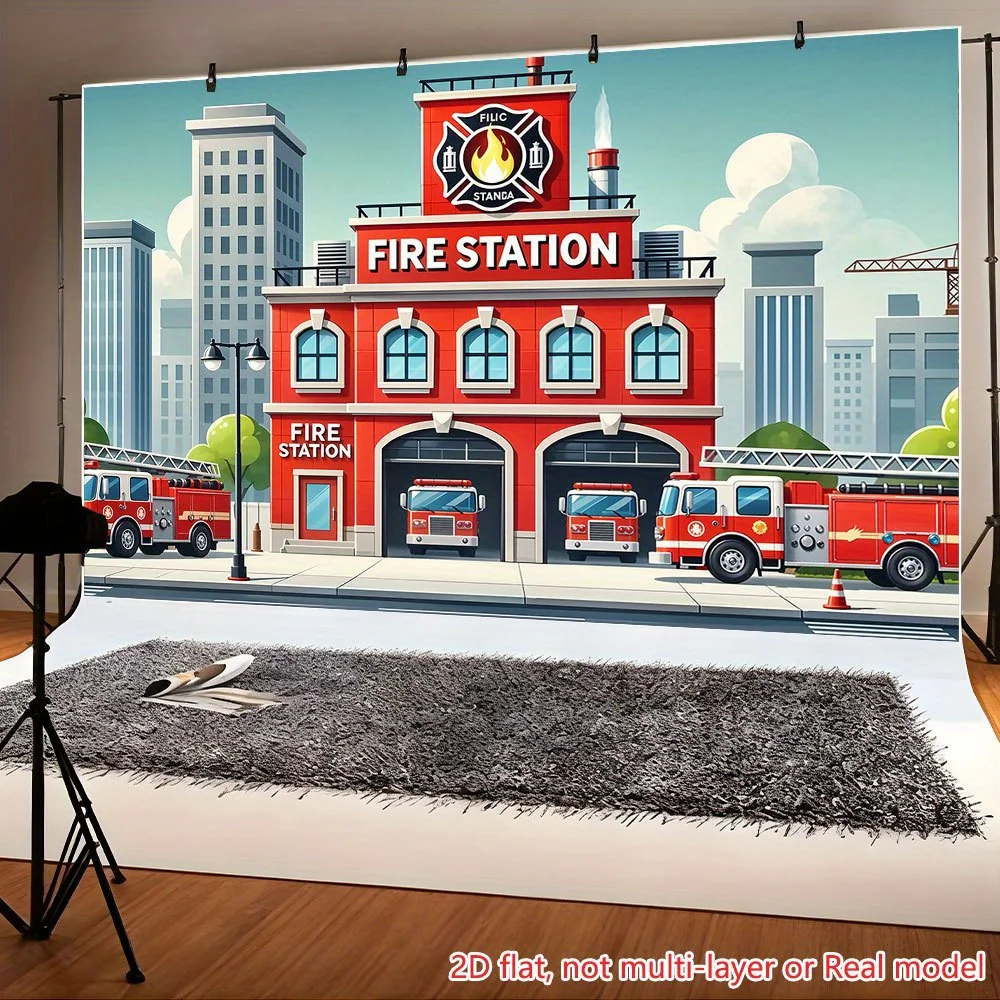 2D plane design, 1 fire station party background banner, featuring fire engines and firefighters