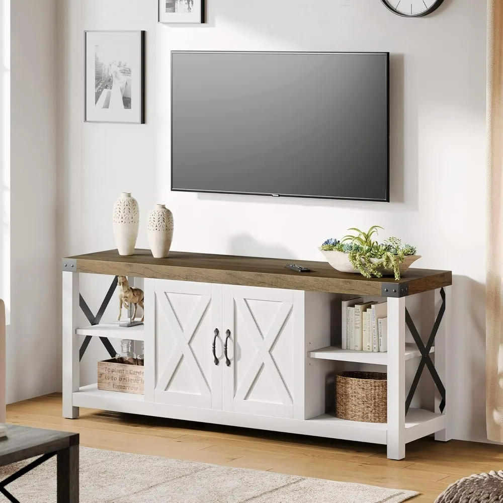 

Farmhouse TV Stand , Mid Century Modern Entertainment Center with Storage Cabinets and Open Shelves