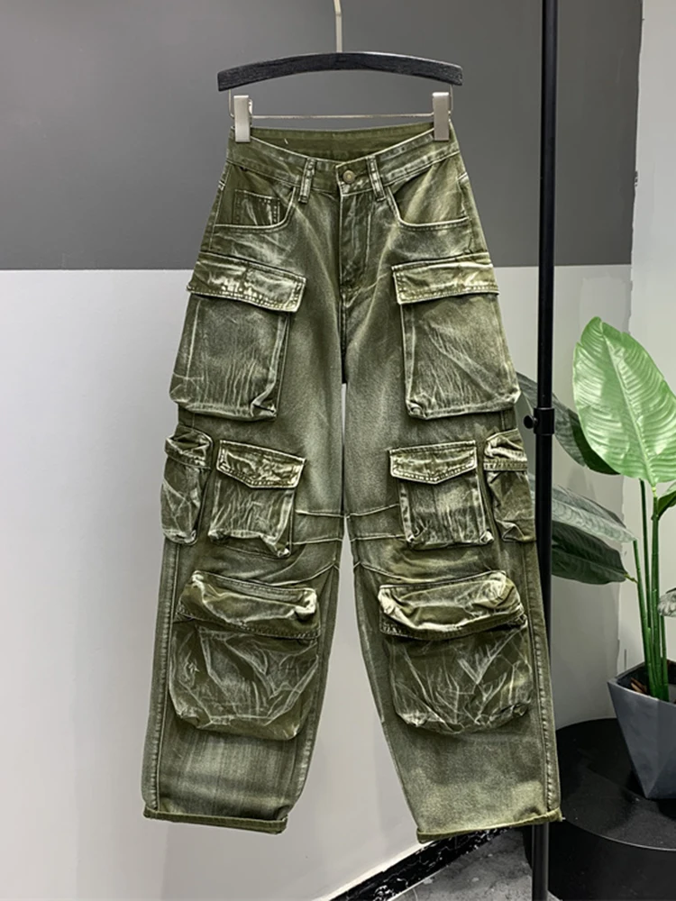 DEAT Women's Jeans High Waist Green Brown Multiple Pockets Cargo Straight Wide Leg Denim Pants 2025 Spring New Fashion 29L3955