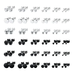 6/12/18/36 Pairs Stainless Steel Mens Womens Stud Earrings CZ Ball Disc Cartilage Ear Piercings Set 2-8mm