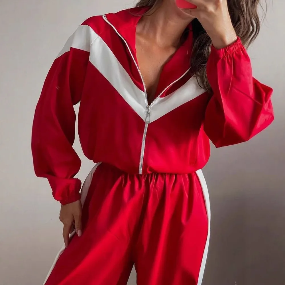 Fashion Color Blocking Patchwork Lapel Long Sleeved Sports Jacket and Lantern Ankle Pants Set for Women's Sports 2-Piece Set
