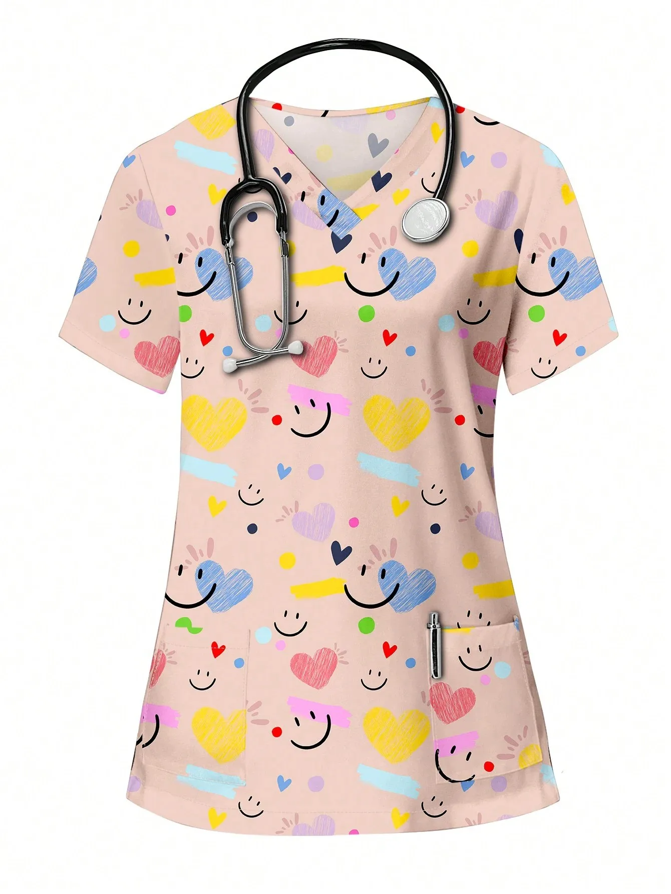 Women's Surgical Gown, Cartoon Animal Print Veterinary Nurse Top, Fashionable V-neck Short-sleeved T-shirt, Medical Uniform view 5
