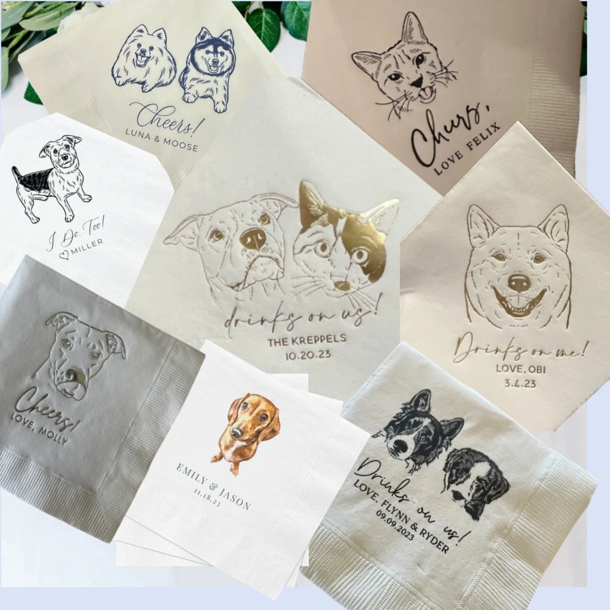 

50Pcs Personalized Illustrated Dog Wedding Cocktail Napkins, Bride Shower Rehearsal Dinner Pet Napkins, Birthday Party Napkins