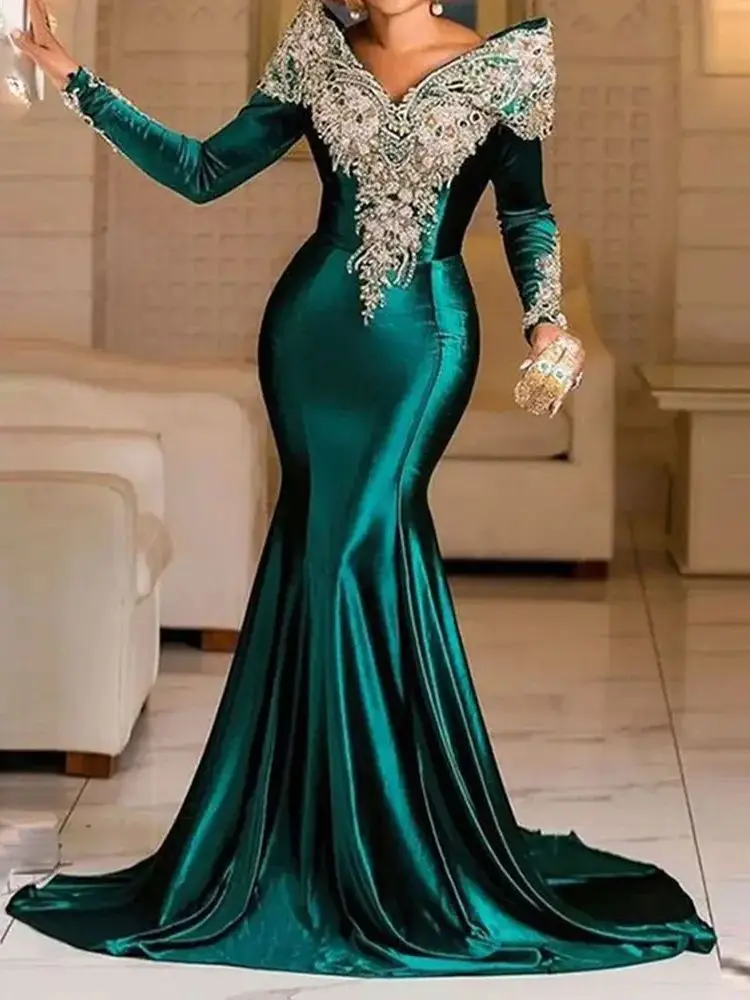 Ciemnozielone suknie wieczorowe z aplikacjami z koronki, z odkrytymi ramionami, eleganckie, z długimi rękawami, syrenka, satynowa suknia balowa, damska odzież formalna.