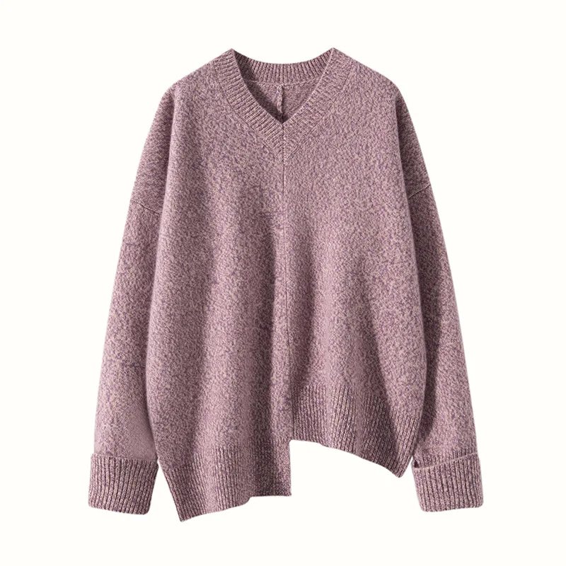 BirdTree, 35% Cashmere 65% Wool Elegant Sweaters, Women V-neck Irregular, Commute Loose Thick Sweater, 2024 Fall Winter T48503QM