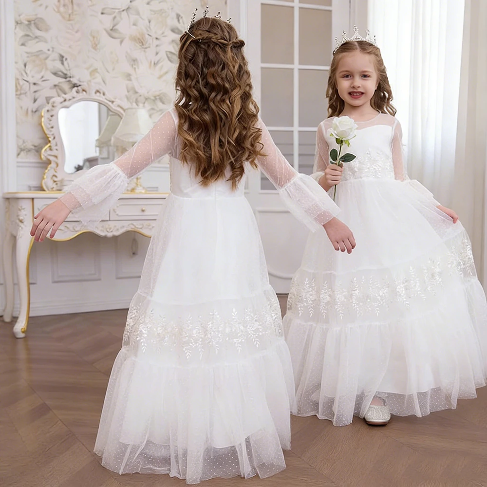 Girls White Lace Tulle Tiered Flower Girl Dress Boho Long Sleeve Formal Maxi Gown for Wedding Bridesmaid Pageant Birthday Party