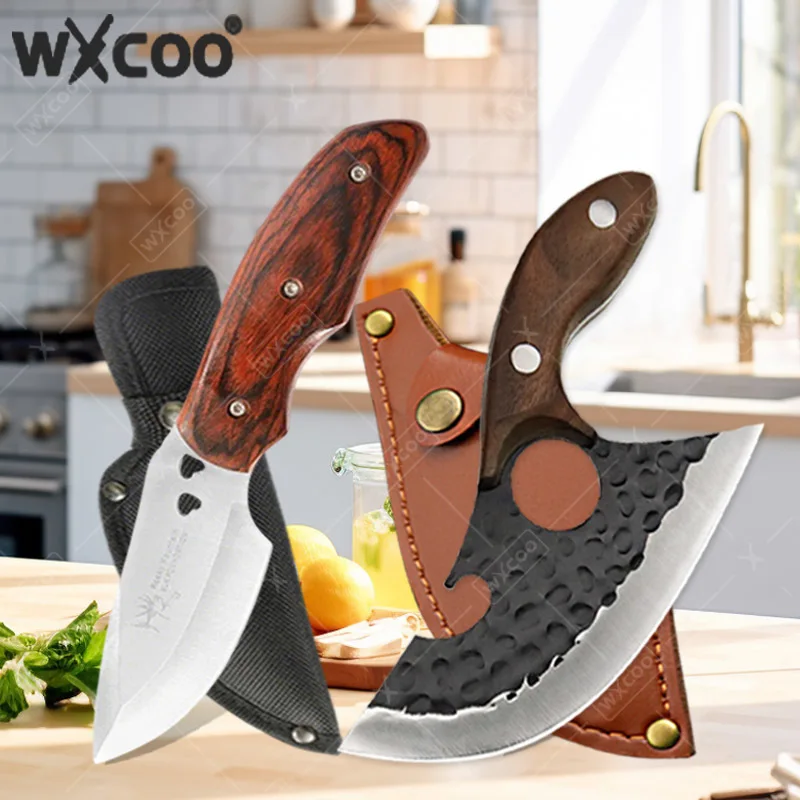 WXCOO 1PCS Multifunktions Küchenmesser Scharfes Fleischbeil Obstschneider BBQ Messer Edelstahl Metzgermesser Holzgriff