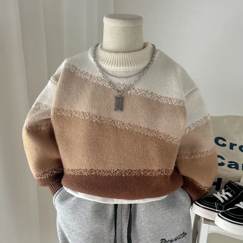 2025 Autumn Winter New Boys Sweater Korean Fashion Casual Thicken Colour Matching Long Sleeve Knitwear for 3-11Y Kids