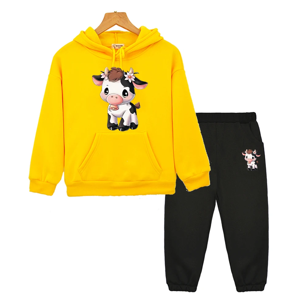 

Cute cow anime hoodie Fleece sweatshirt boy girls Sports Hooded Sets Cartoon cow pullover+Pant jacket kids boutique clothes 2pcs